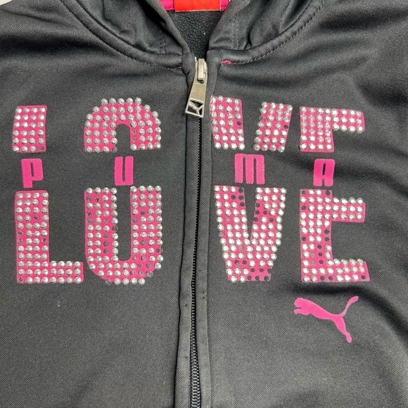 Puma Girls Small Black Pink Sparkle Rhinestone Zip Up Jacket Thumb Holes - Picture 2 of 13